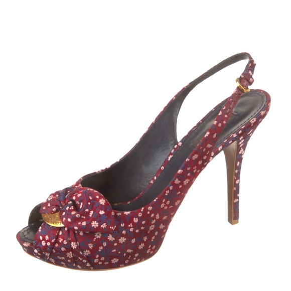 Louis Vuitton Catania Heel Floral Silk Red Burgundy Slingback Shoes size 39 or 9 - Picture 1 of 7
